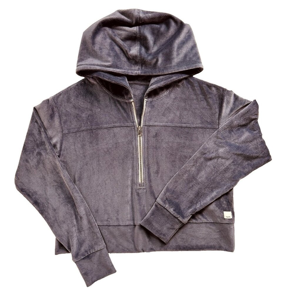 Vuori Womens Haven Half Zip Hoodie Dusty Blue Velour Cropped Sz XS Ribbed